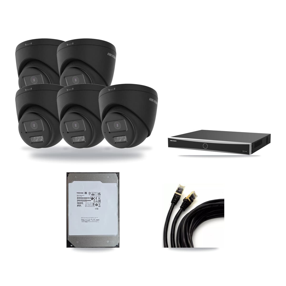 Hikvision 16-Channel 4K CCTV Kit — 5 Black DS-2CD1383G2 Turret Cameras + 14TB Recording (DS-7616NXI Recorder) - Image 1