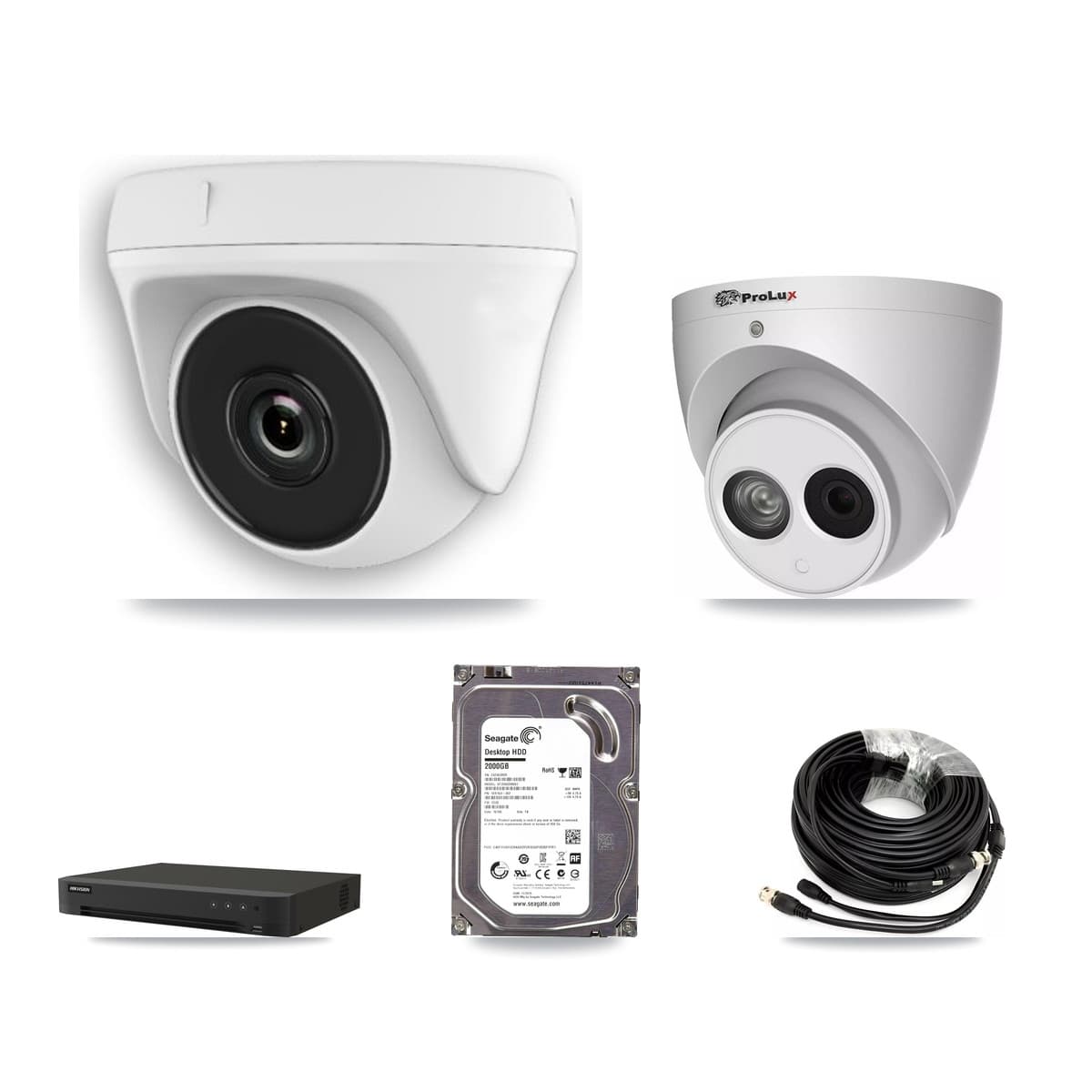 Prolux & Hikvision 8-Channel 2MP – 4MP CCTV Kit — 1 White HDT-2MP-N20W-2.8MM 2MP Dome + 1 PXC-612C4W-A-POC 4MP Turret Cameras + 2TB Recording (IDS-7208HUHI-M1/XT Recorder) - Image 1