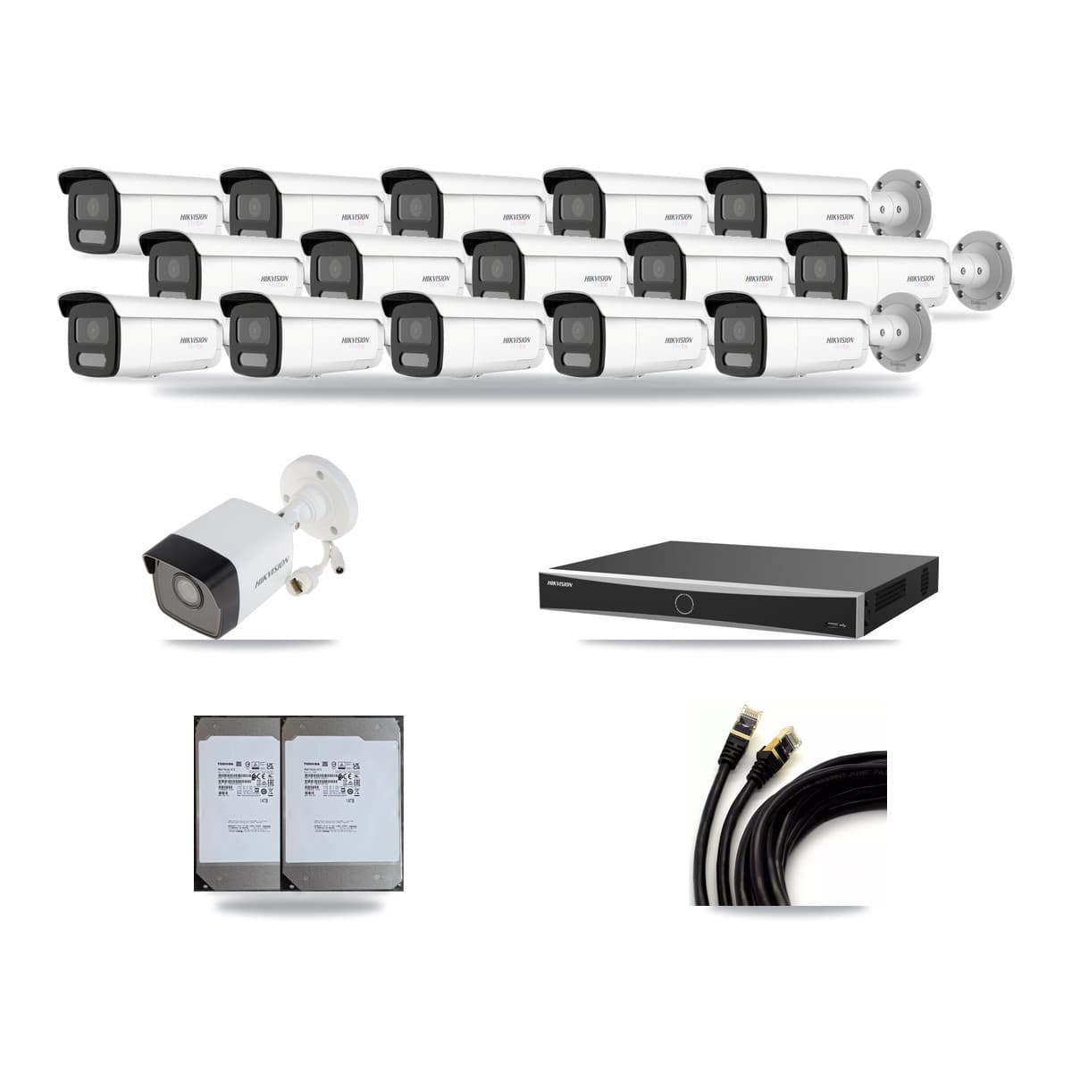 Hikvision 16-Channel 5MP – 4K CCTV Kit — 1 5MP + 15 White 4K Bullet Cameras + 2× 14TB Recording (DS-7616NXI Recorder) - Image 1