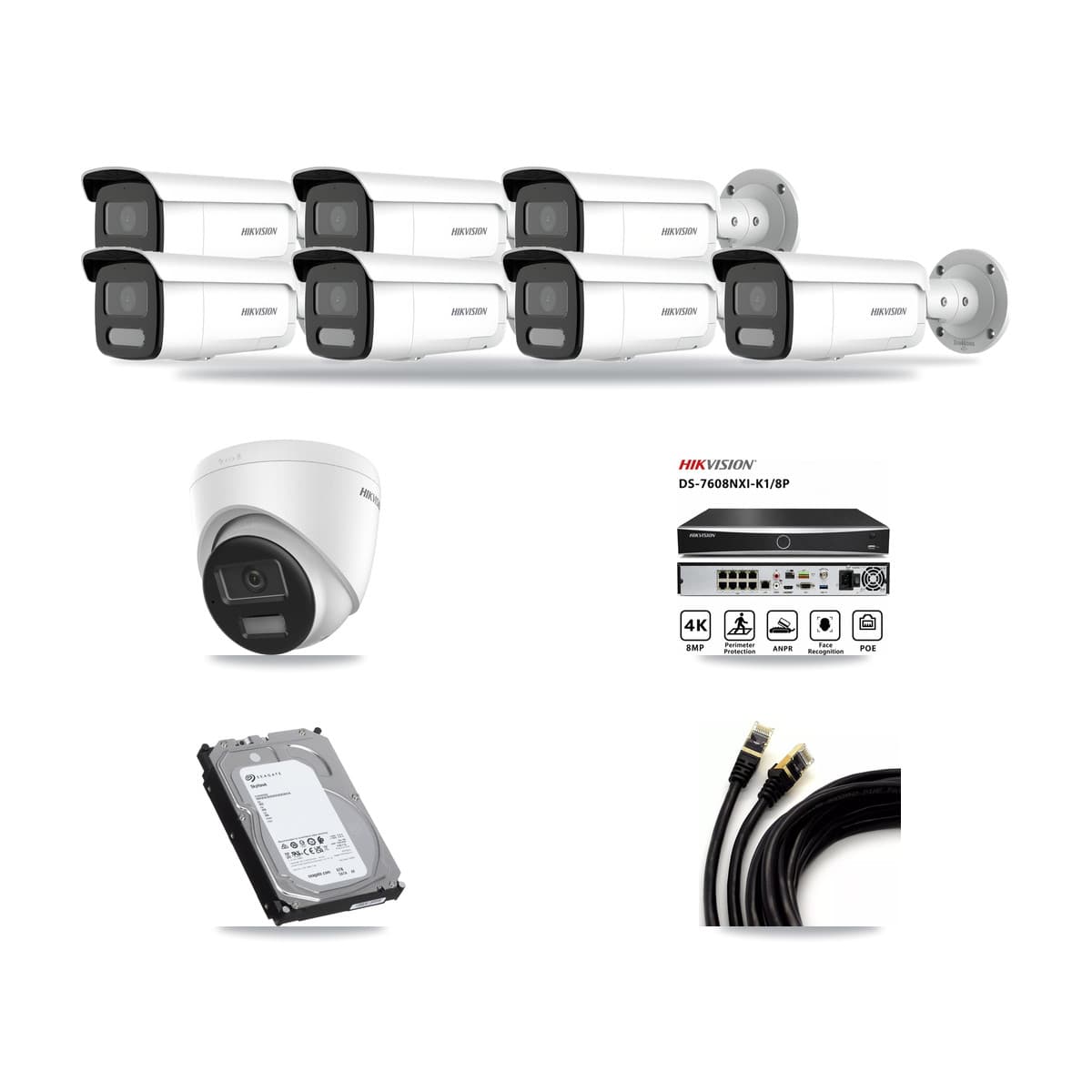 Hikvision 8-Channel 4MP – 4K CCTV Kit — 1 DS-2CD1383G2-LIUF/SL 4K Turret + 7 DS-2CD2T47G2H-LISU/SL 4MP Bullet Cameras + 6TB Recording (DS-7608NXI-K1/8P Recorder) - Image 1
