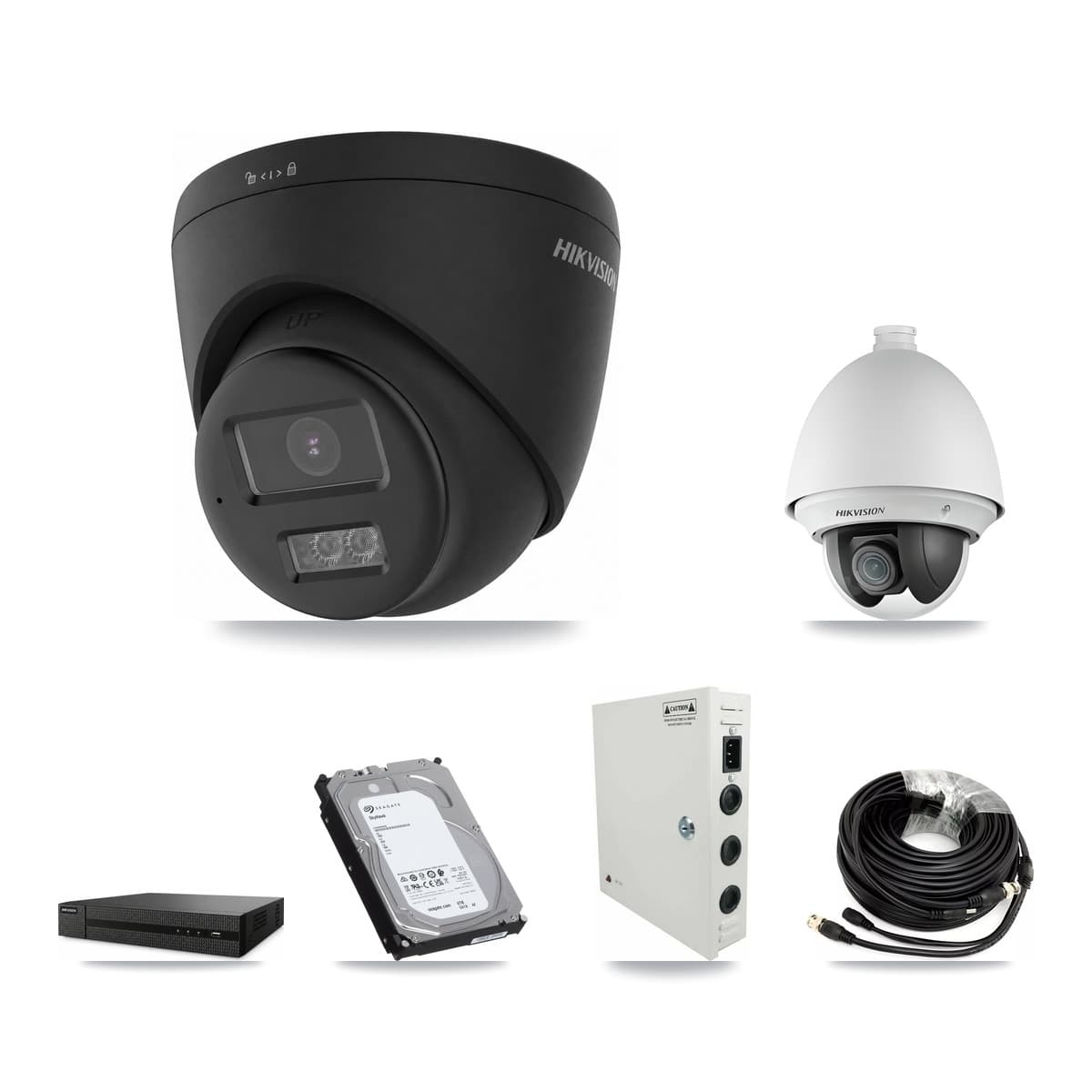 Hikvision 8-Channel 2MP – 4K CCTV Kit — 1 2MP PTZ + 7 Black 4K Turret Cameras + 6TB Recording (DVR-8CH Recorder)
