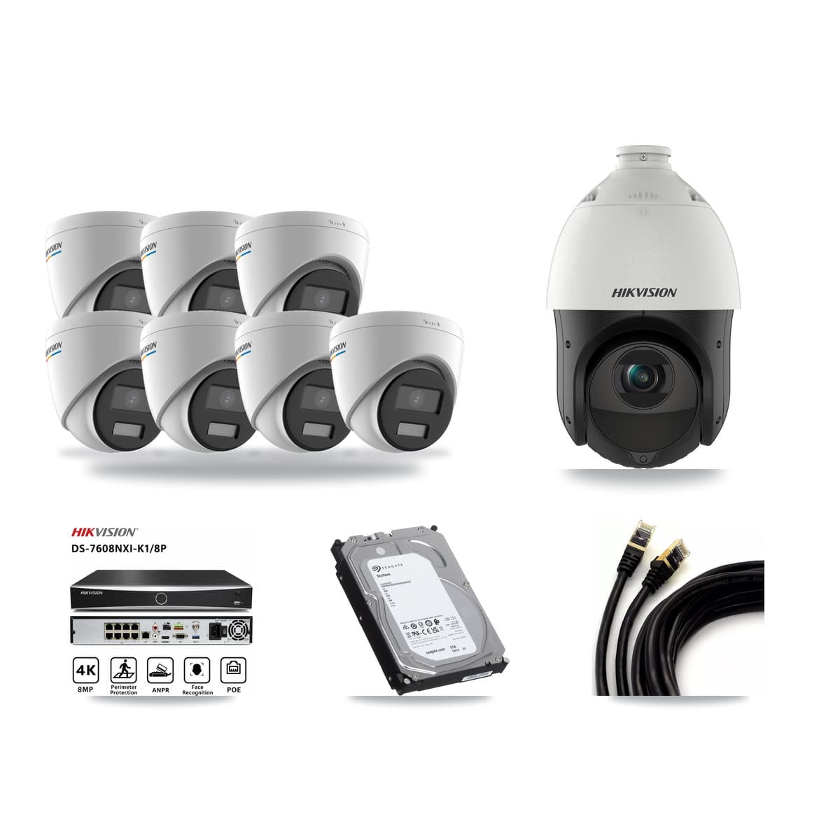 Hikvision 8-channel CCTV kit: 8 cameras (7× 2MP Turret + 1× 4MP PTZ), 6TB hard drive