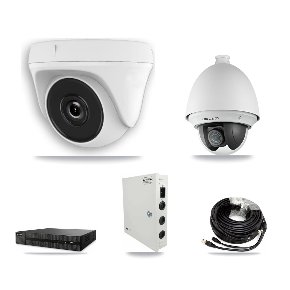Hikvision 8-Channel 2MP CCTV Kit — 1 PTZ + 4 White Dome Cameras + 3TB Recording (DVR-8CH Recorder)