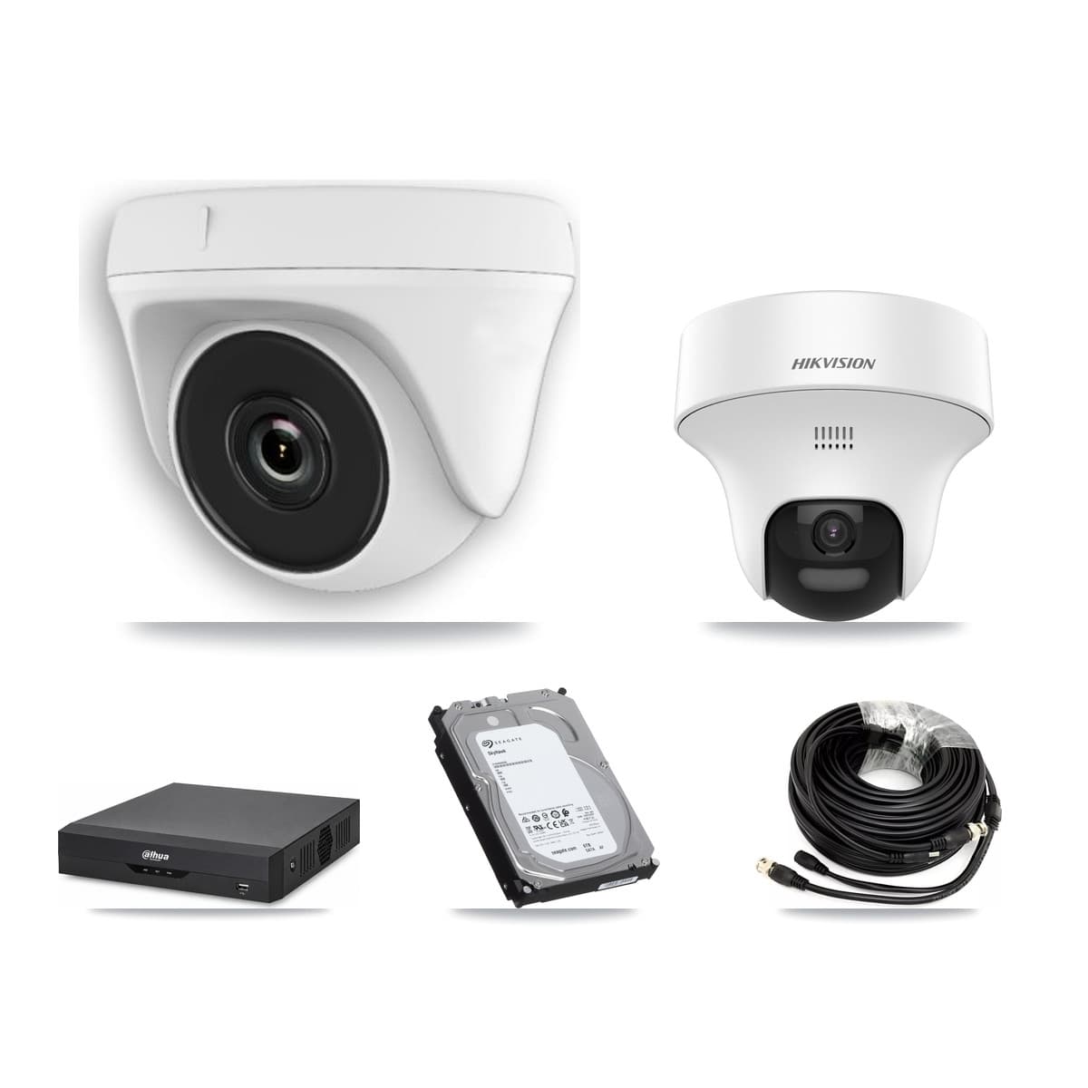 Hikvision & Dahua 4-Channel 2MP – 5MP CCTV Kit — 1 DS-2CE70K0T 5MP Turret + 3 White HDT-2MP-N20W 2MP Dome Cameras + 6TB Recording