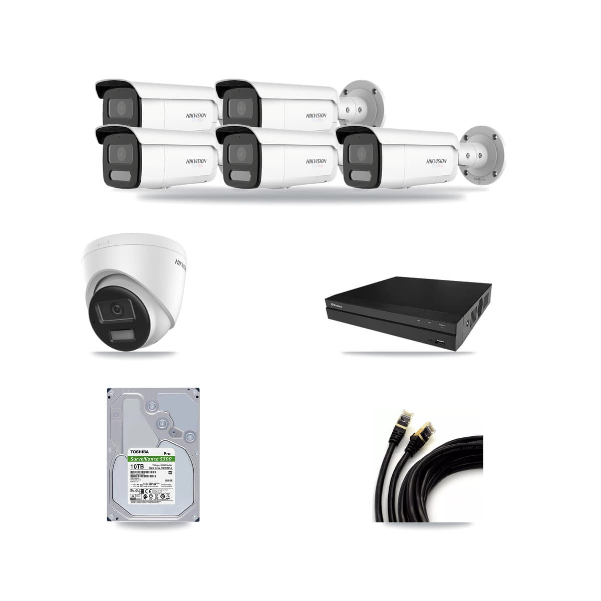 Hikvision & Prolux 8-Channel 4K CCTV Kit — 1 DS-2CD1383G2-LIU Turret + 5 White DS-2CD2T87G2H-LISU/SL-2.8MM-W Bullet Cameras + 10TB Recording (PXN-2108HS-8P-4K Recorder) - Image 1