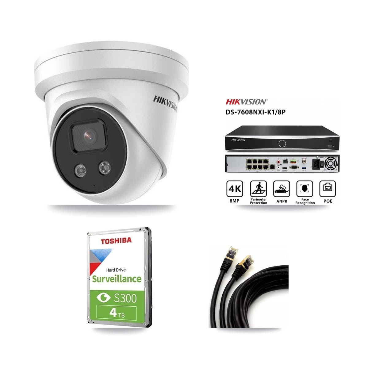 Hikvision 8-Channel 5MP CCTV Kit — 3 Turret Cameras + 4TB Recording (DS-7608NXI Recorder)