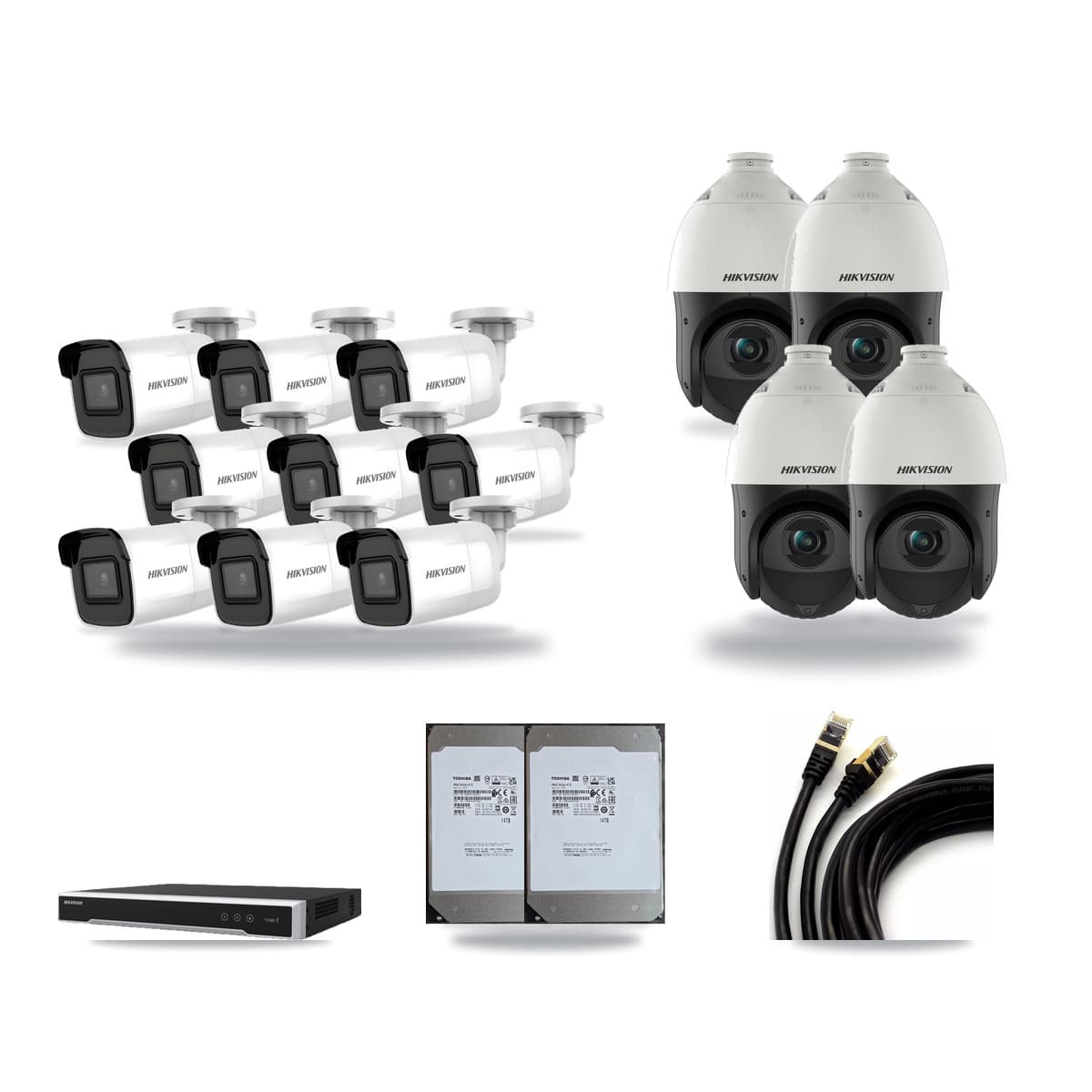 Hikvision 16-Channel 4MP – 4K CCTV Kit — 9 4K Bullet + 4 4MP PTZ Cameras + 2× 14TB Recording (DS-7616NI-M2 Recorder) - Image 1