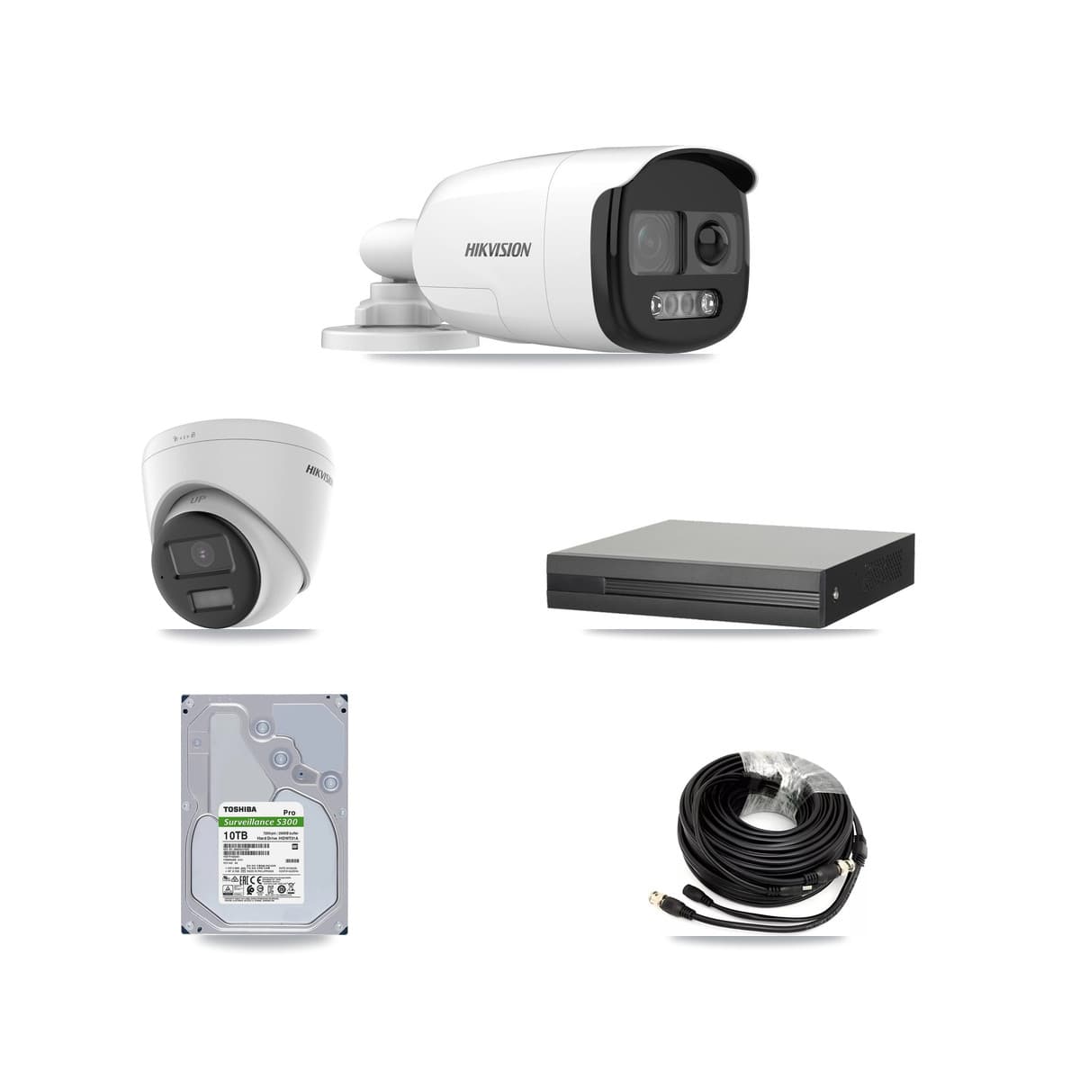 Hikvision 8-Channel 5MP CCTV Kit — 7 DS-2CE12KF3T-PIRXO Bullet + 1 DS-2CE78K0T-LPTS Turret Cameras + 10TB Recording (XVR-3108HS-5MP-LITE Recorder)