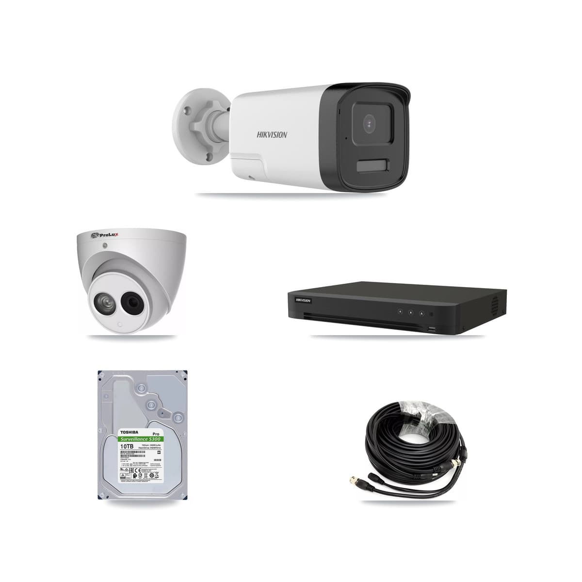 Hikvision & Prolux 8-Channel 4MP – 5MP CCTV Kit — 6 DS-2CE17K0T-LXTS 5MP Bullet + 1 PXC-612C4W-A-POC 4MP Turret Cameras + 10TB Recording (IDS-7208HUHI-M1/XT Recorder)