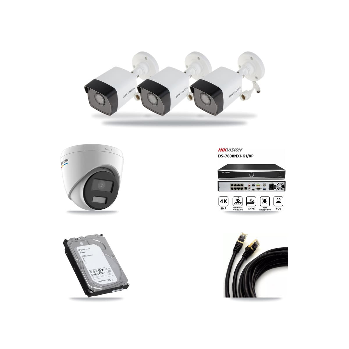 Hikvision 8-Channel 2MP – 5MP CCTV Kit — 3 5MP Bullet + 1 2MP Turret Cameras + 6TB Recording (DS-7608NXI Recorder) - Image 1