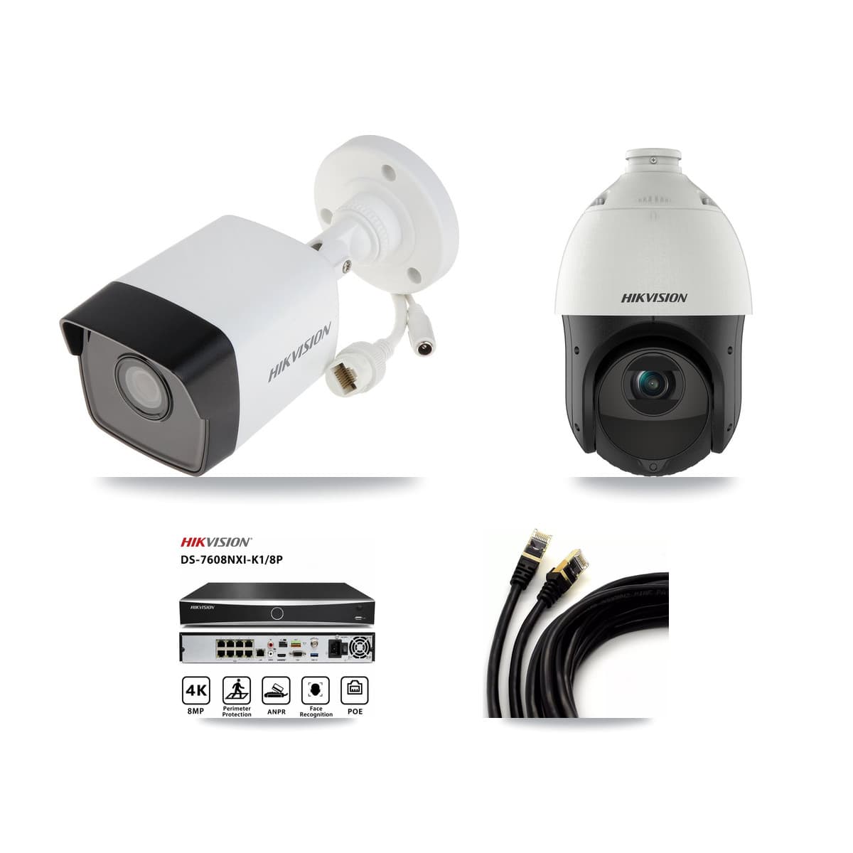 Hikvision 8-Channel 4MP – 5MP CCTV Kit — 1 5MP Bullet + 1 4MP PTZ Cameras + 3TB Recording (DS-7608NXI Recorder)