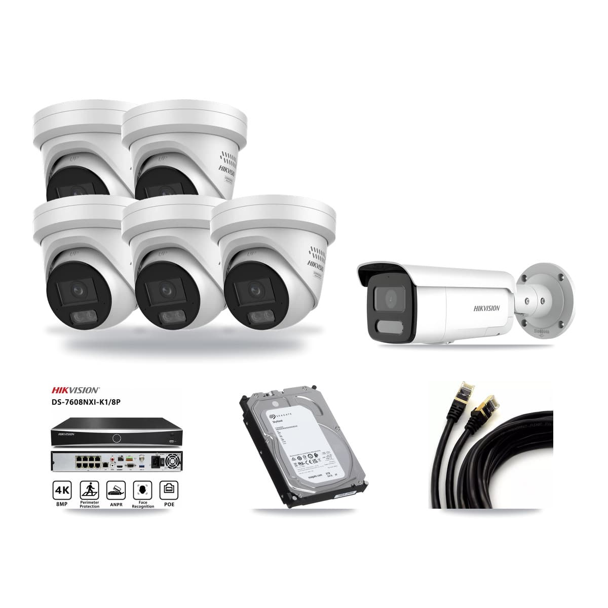 Hikvision 8-Channel 4MP CCTV Kit — 5 DS-2CD2347G3 Turret + 1 DS-2CD2T47G2H Bullet Cameras + 6TB Recording - Image 1