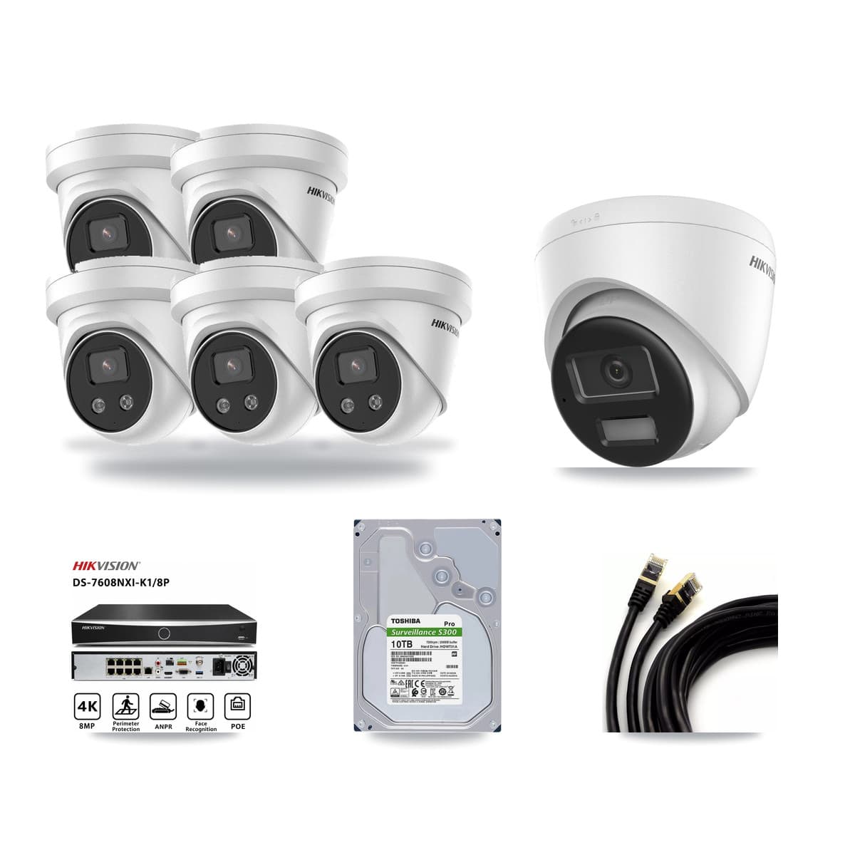 Hikvision 8-Channel 5MP – 4K CCTV Kit — 1 DS-2CD1383G2-LIUF/SL 4K + 5 DS-2CD3356G2-ISU 5MP Turret Cameras + 10TB Recording (DS-7608NXI-K1/8P Recorder) - Image 1