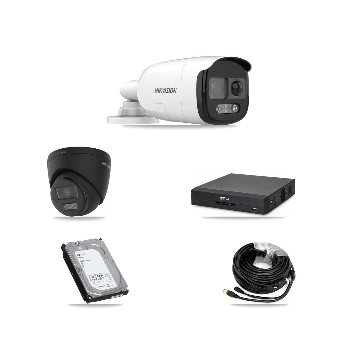 Hikvision & Dahua 4-Channel 5MP – 4K CCTV Kit — 1 5MP Bullet + 1 Black 4K Turret Cameras + 6TB Recording