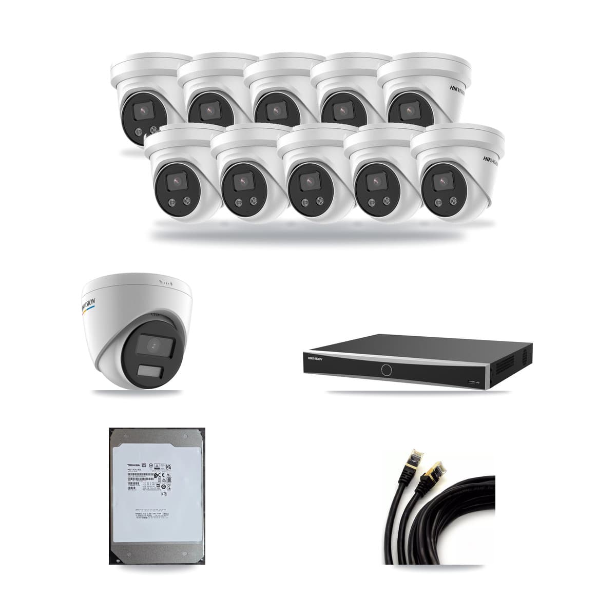 Hikvision 16-channel CCTV kit: 11 cameras (10× 5MP Turret + 1× 2MP Turret), 14TB hard drive