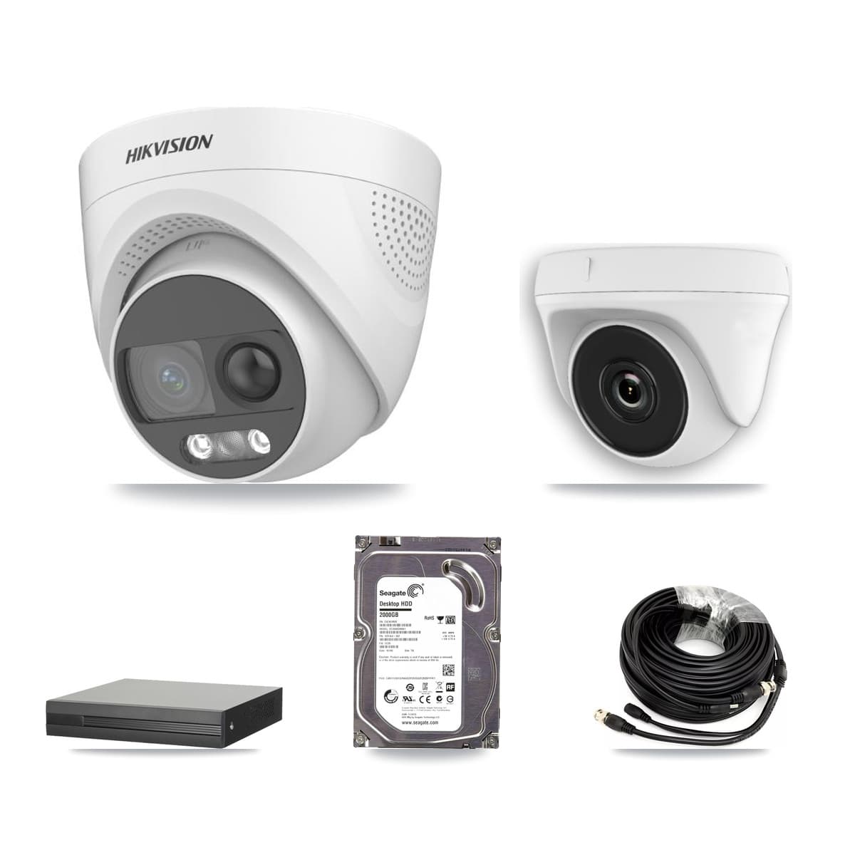 Hikvision 16-Channel 2MP – 5MP CCTV Kit — 1 DS-2CE72KF3T 5MP Turret + 1 White HDT-2MP-N20W 2MP Dome Cameras + 2TB Recording (XVR-3116HS Recorder) - Image 1