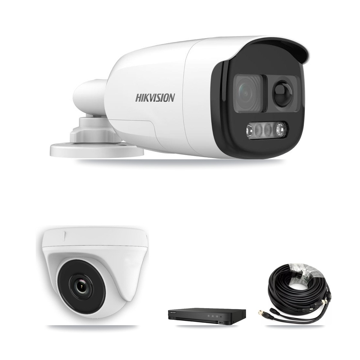 Hikvision IDS-7208HUHI-M1/E 8-Channel DVR CCTV Kit — 2× DS-2CE12KF3T-PIRXO 5MP Bullet + 2× HDT-2MP-N20W-2.8MM White 2MP Dome Cameras + 4TB HDD