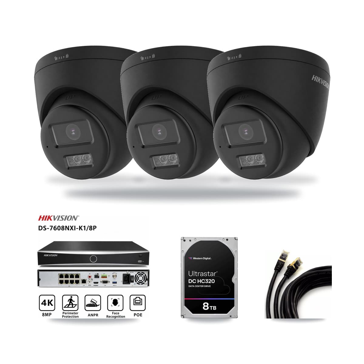 Hikvision 8-Channel 4K CCTV Kit — 3 Black DS-2CD1383G2 Turret Cameras + 8TB Recording (DS-7608NXI Recorder) - Image 1