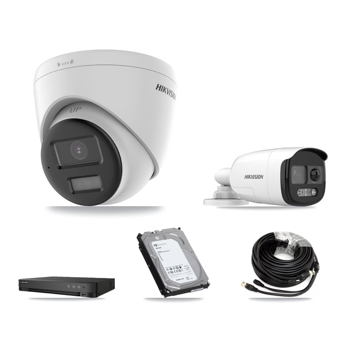 Hikvision 8-Channel 5MP – 4K CCTV Kit — 1 DS-2CE12KF3T-PIRXO 5MP Bullet + 3 DS-2CE78U0T-LPTS 4K Turret Cameras + 6TB Recording (IDS-7208HUHI-M1/E Recorder)