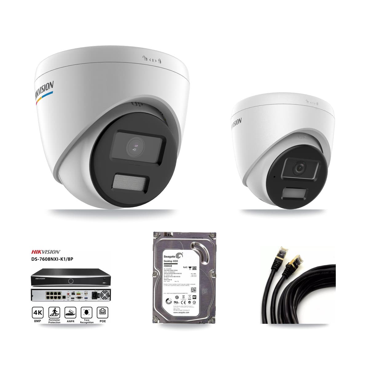 Hikvision 8-Channel 2MP – 4MP CCTV Kit — 1 2MP + 1 4MP Turret Cameras + 2TB Recording (DS-7608NXI Recorder)