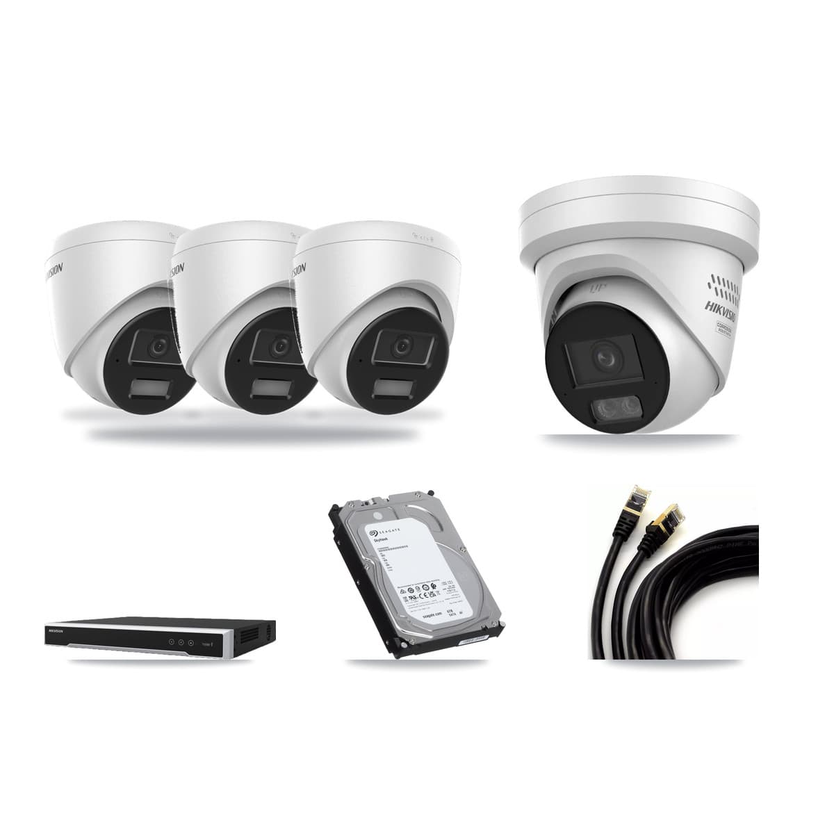 Hikvision 8-Channel 4MP CCTV Kit — 3 DS-2CD1343G2 + 1 DS-2CD2347G3 Turret Cameras + 6TB Recording (DS-7608NI-M2 Recorder) - Image 1