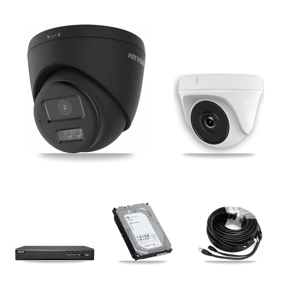 Hikvision & ANNKE 4-Channel 2MP – 4K CCTV Kit — 3 Black 4K Turret + 1 White 2MP Dome Cameras + 6TB Recording - Image 1
