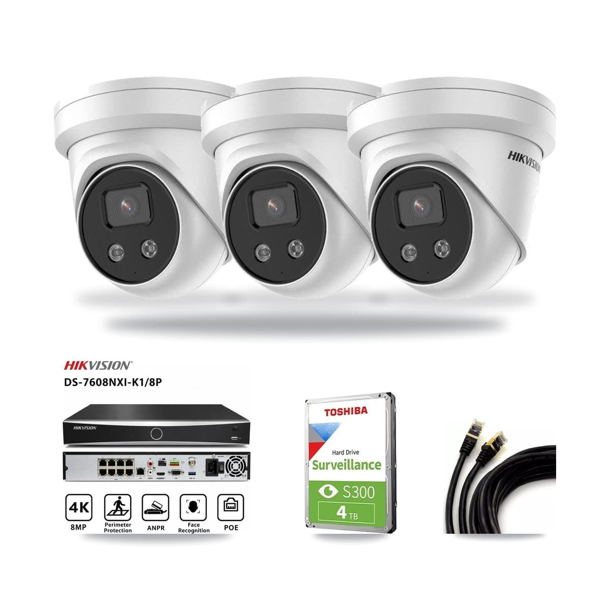 Hikvision 8-Channel 5MP CCTV Kit — 3 Turret Cameras + 4TB Recording (DS-7608NXI Recorder) - Image 1