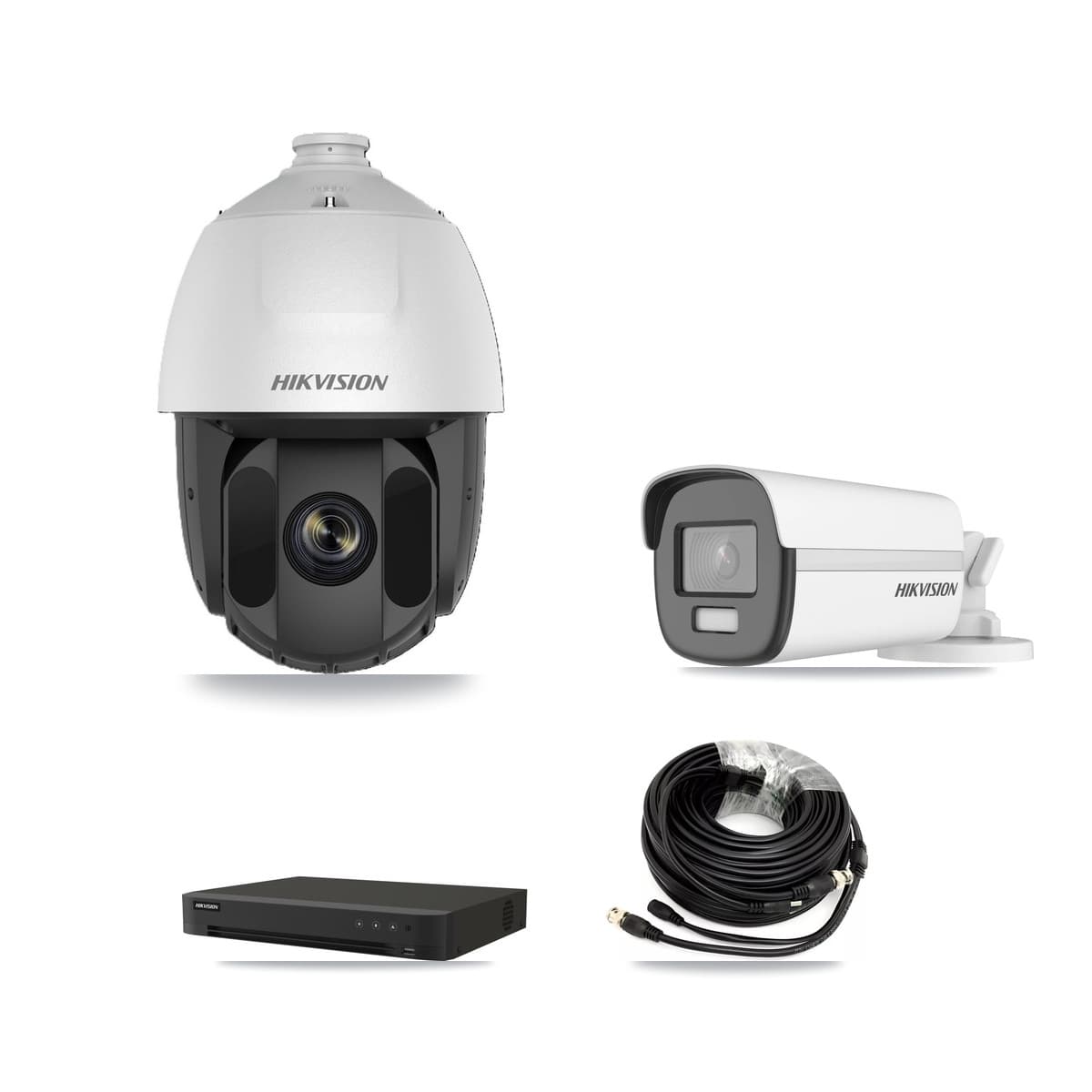 Hikvision 8-Channel 2MP – 4K CCTV Kit — 1 DS-2AE5225TI-A-E 2MP PTZ + 1 DS-2CE12UF3T-E 4K Bullet Cameras + 3TB Recording (IDS-7208HUHI-M1/XT Recorder)