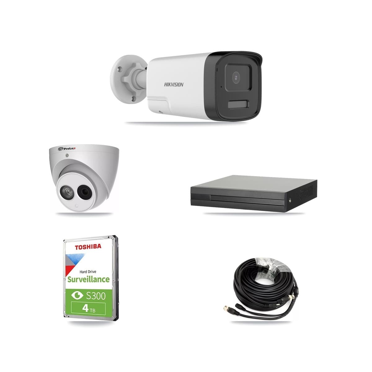 Hikvision & Prolux 4-Channel 4MP – 5MP CCTV Kit — 2 DS-2CE17K0T 5MP Bullet + 1 PXC-612C4W-A 4MP Turret Cameras + 4TB Recording (XVR-3104HS Recorder)