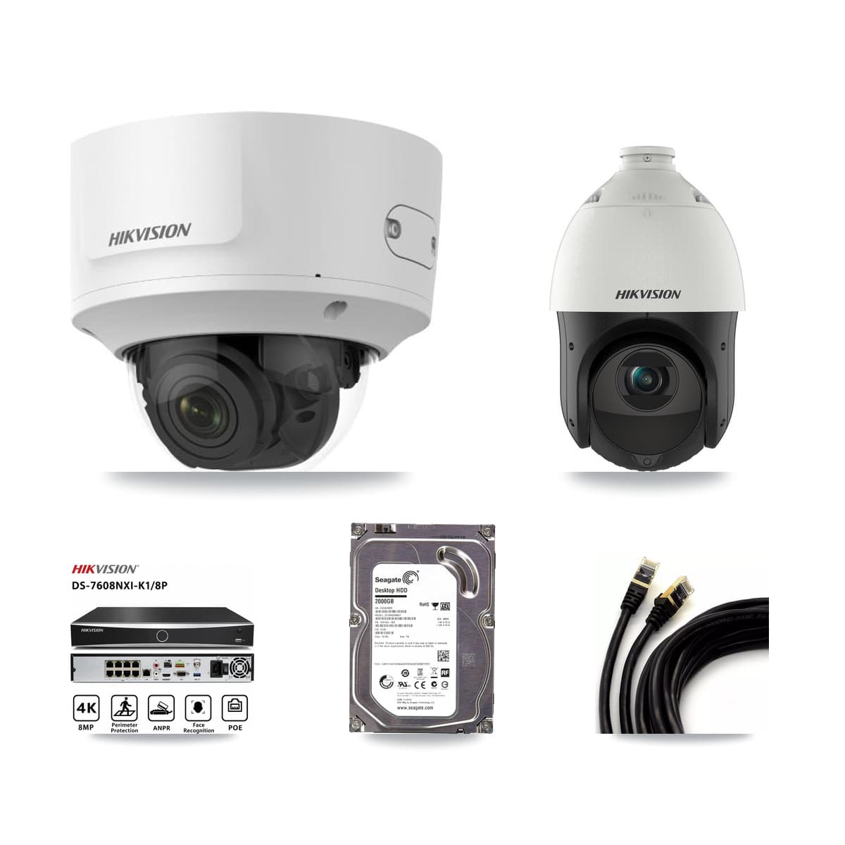 Hikvision 8-Channel 2MP – 4MP CCTV Kit — 1 2MP Dome + 1 4MP PTZ Cameras + 2TB Recording (DS-7608NXI Recorder)