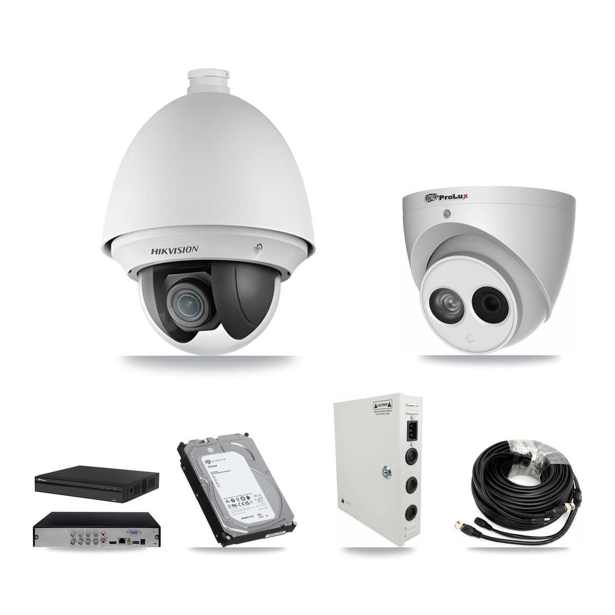 Hikvision & Prolux 8-Channel 2MP – 4MP CCTV Kit — 7 DS-2AE4225T 2MP PTZ + 1 PXC-612C4W-A 4MP Turret Cameras + 6TB Recording (PXD-5108HS Recorder)