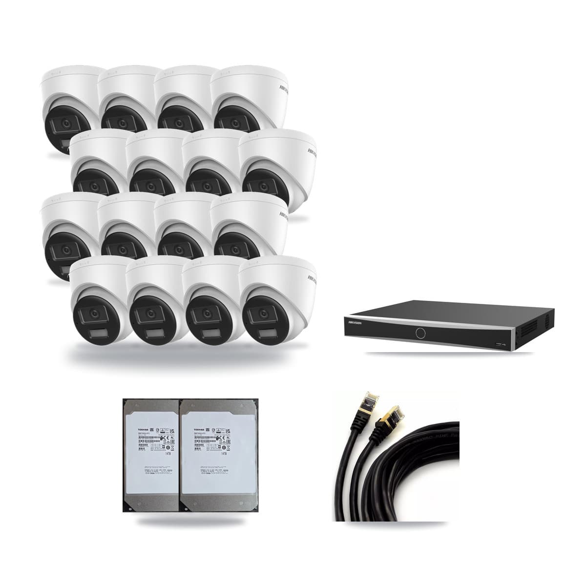 Hikvision 16-Channel 4K CCTV Kit — 16 DS-2CD1383G2-LIU Turret Cameras + 2× 14TB Recording (DS-7616NXI-K2/16P(E) Recorder) - Image 1
