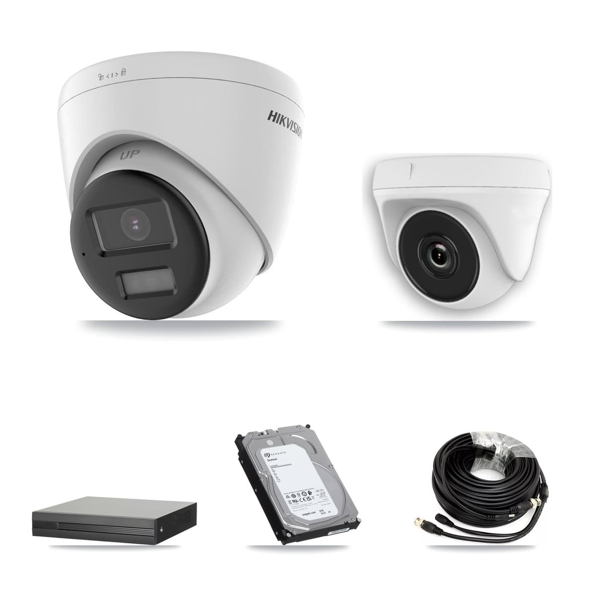 Hikvision 4-Channel 2MP – 5MP CCTV Kit — 3 DS-2CE78K0T 5MP Turret + 1 White HDT-2MP-N20W 2MP Dome Cameras + 6TB Recording (XVR-3104HS Recorder)