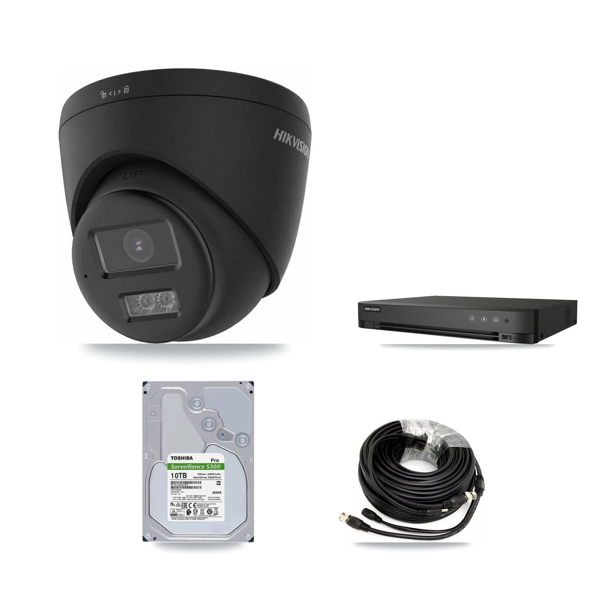 Hikvision 4-Channel 4K CCTV Kit — 4 Black Turret Cameras + 10TB Recording (DS-7204HUHI Recorder)