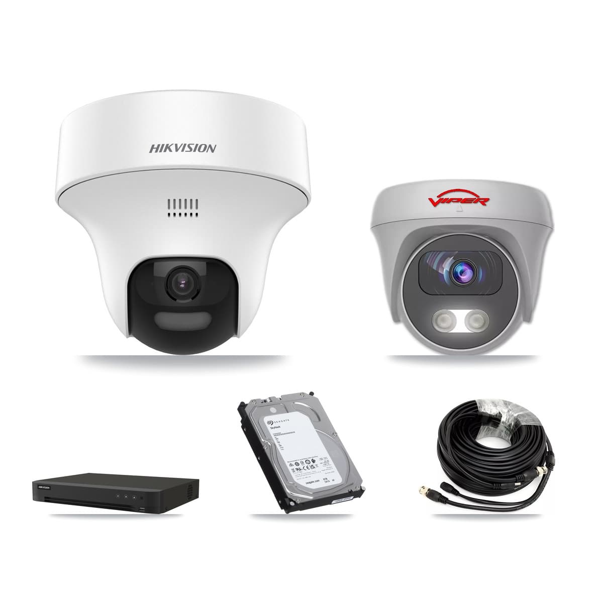 Hikvision & Viper 8-Channel 5MP CCTV Kit — 4 DS-2CE70K0T-PTLTS Turret + 1 White VIPER-5MP-3K-AOC-WHITE-2.8MM Cameras + 6TB Recording (IDS-7208HUHI-M1/XT Recorder) - Image 1