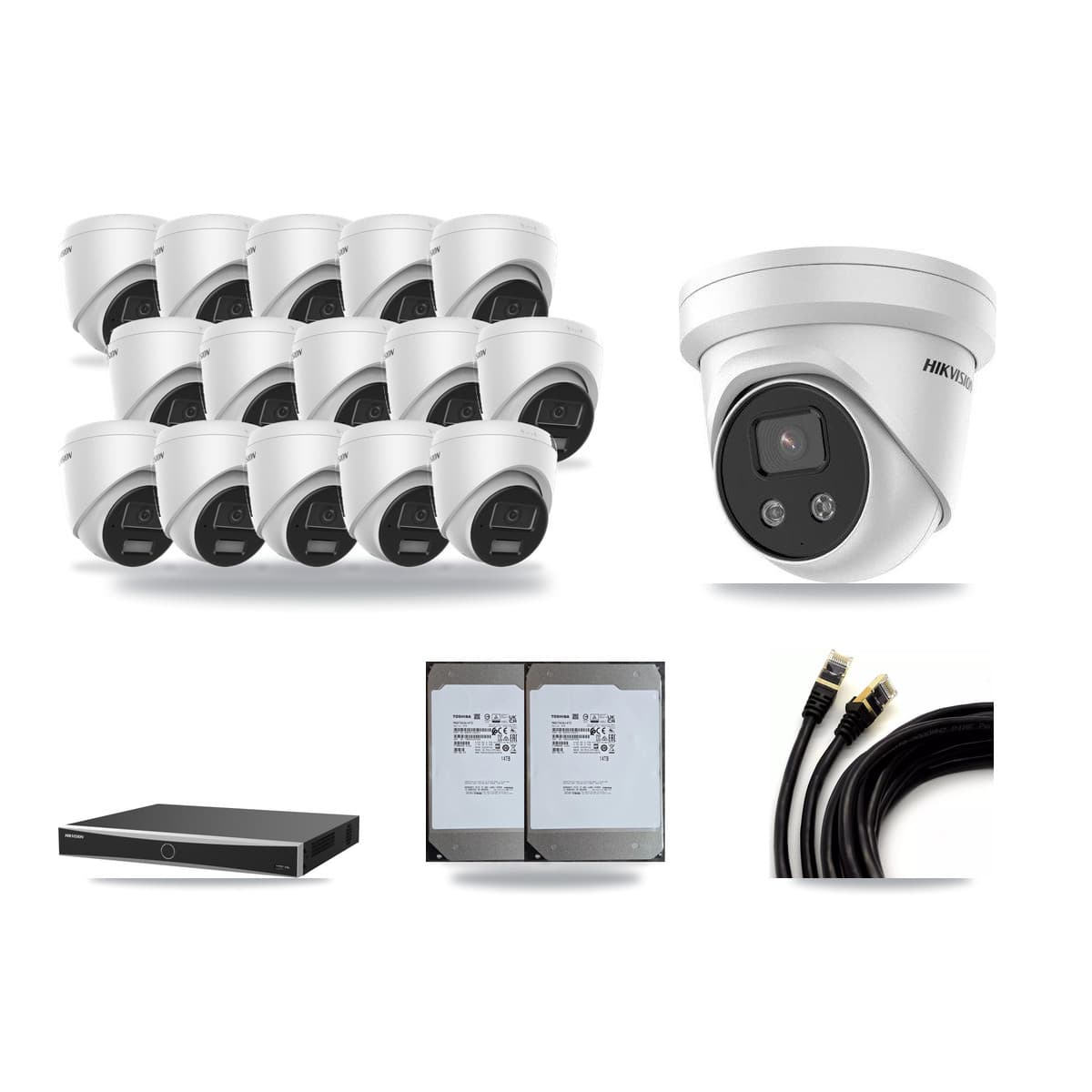 Hikvision 16-Channel 4MP – 5MP CCTV Kit — 15 4MP + 1 5MP Turret Cameras + 2× 14TB Recording (DS-7616NXI Recorder) - Image 1