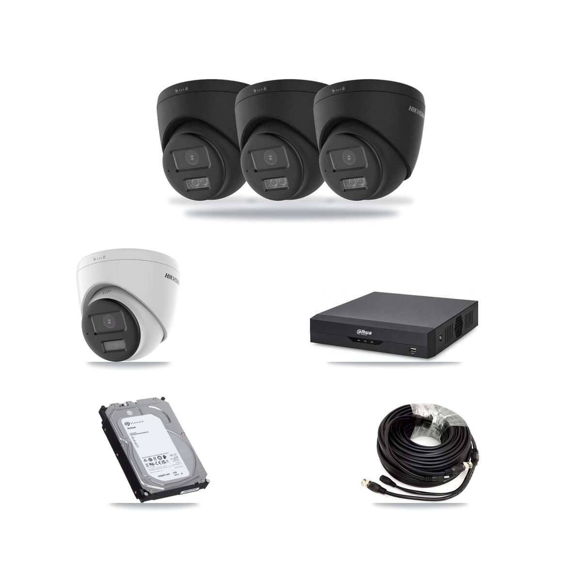 Hikvision & Dahua 4-Channel 5MP – 4K CCTV Kit — 1 DS-2CE78K0T-LPTS 5MP + 3 Black DS-2CE78U0T-LTS-BLACK 4K Turret Cameras + 6TB Recording (DH-XVR5104HS-4KL-I2 Recorder) - Image 1