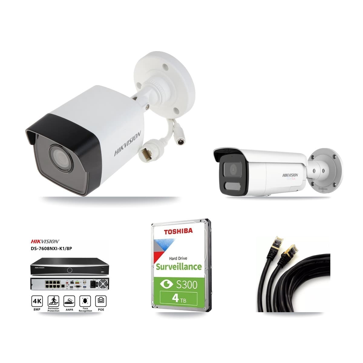 Hikvision 8-Channel 5MP – 4K CCTV Kit — 1 5MP + 1 White 4K Bullet Cameras + 4TB Recording (DS-7608NXI Recorder)