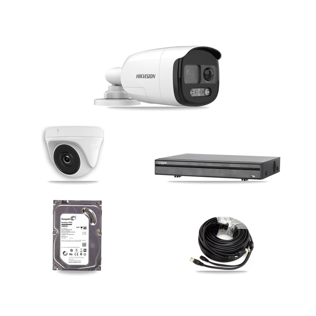 Hikvision & Dahua 8-Channel 2MP – 5MP CCTV Kit — 1 DS-2CE12KF3T 5MP Bullet + 1 White HDT-2MP-N20W 2MP Dome Cameras + 2TB Recording (DH-XVR5108H Recorder) - Image 1