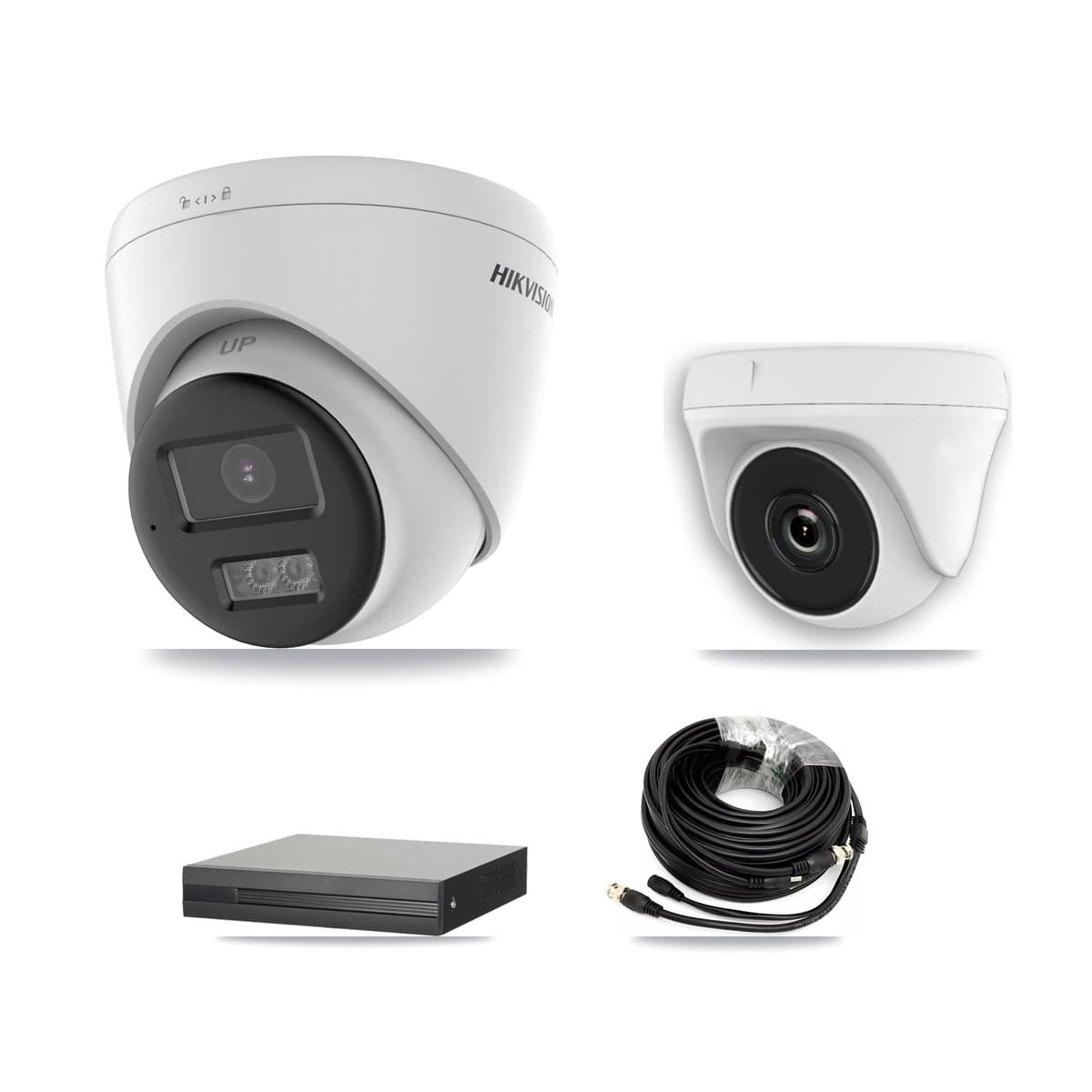 Hikvision 4-Channel 2MP – 5MP CCTV Kit — 2 DS-2CE78K0T-LTS 5MP Turret + 1 White HDT-2MP-N20W-2.8MM 2MP Dome Cameras + 3TB Recording (XVR-3104HS-5MP-LITE Recorder) - Image 1
