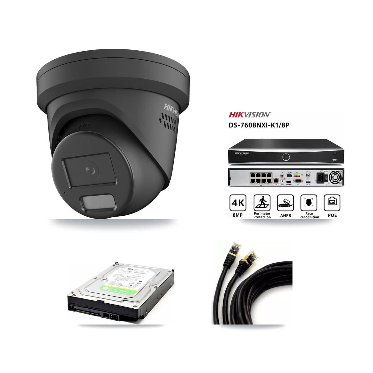 Hikvision 8-Channel 4MP CCTV Kit — 1 Black Turret Camera + 1TB Recording (DS-7608NXI Recorder)