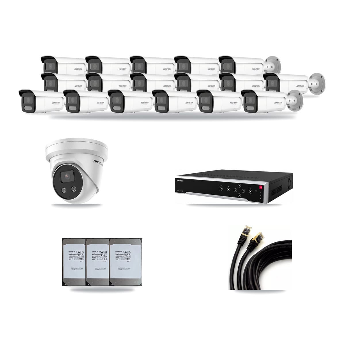 Hikvision 32-Channel 5MP – 4K CCTV Kit — 17 4K Bullet + 1 5MP Turret Cameras + 3× 14TB Recording - Image 1