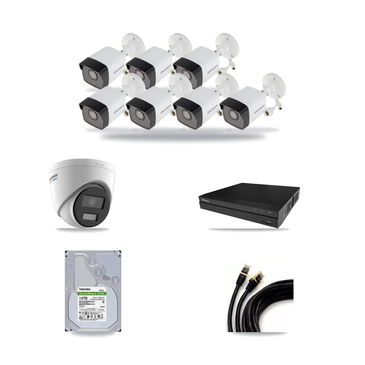 Hikvision & Prolux 8-Channel 2MP – 5MP CCTV Kit — 7 5MP Bullet + 1 2MP Turret Cameras + 10TB Recording - Image 1