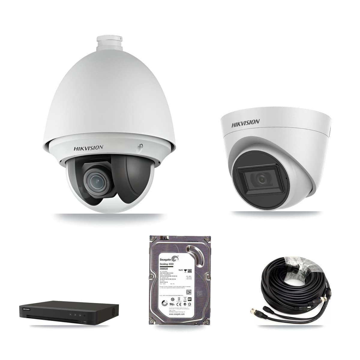 Hikvision 16-Channel 2MP – 5MP CCTV Kit — 1 2MP PTZ + 1 White 5MP Turret Cameras + 2TB Recording (IDS-7216HQHI Recorder)