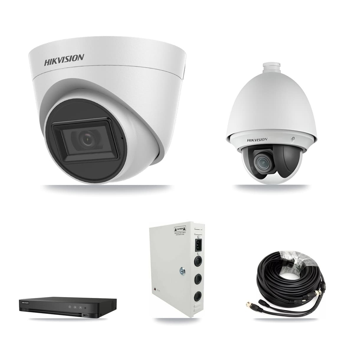 Hikvision 4-Channel 2MP – 5MP CCTV Kit — 1 2MP PTZ + 2 White 5MP Turret Cameras + 3TB Recording (IDS-7204HQHI Recorder)