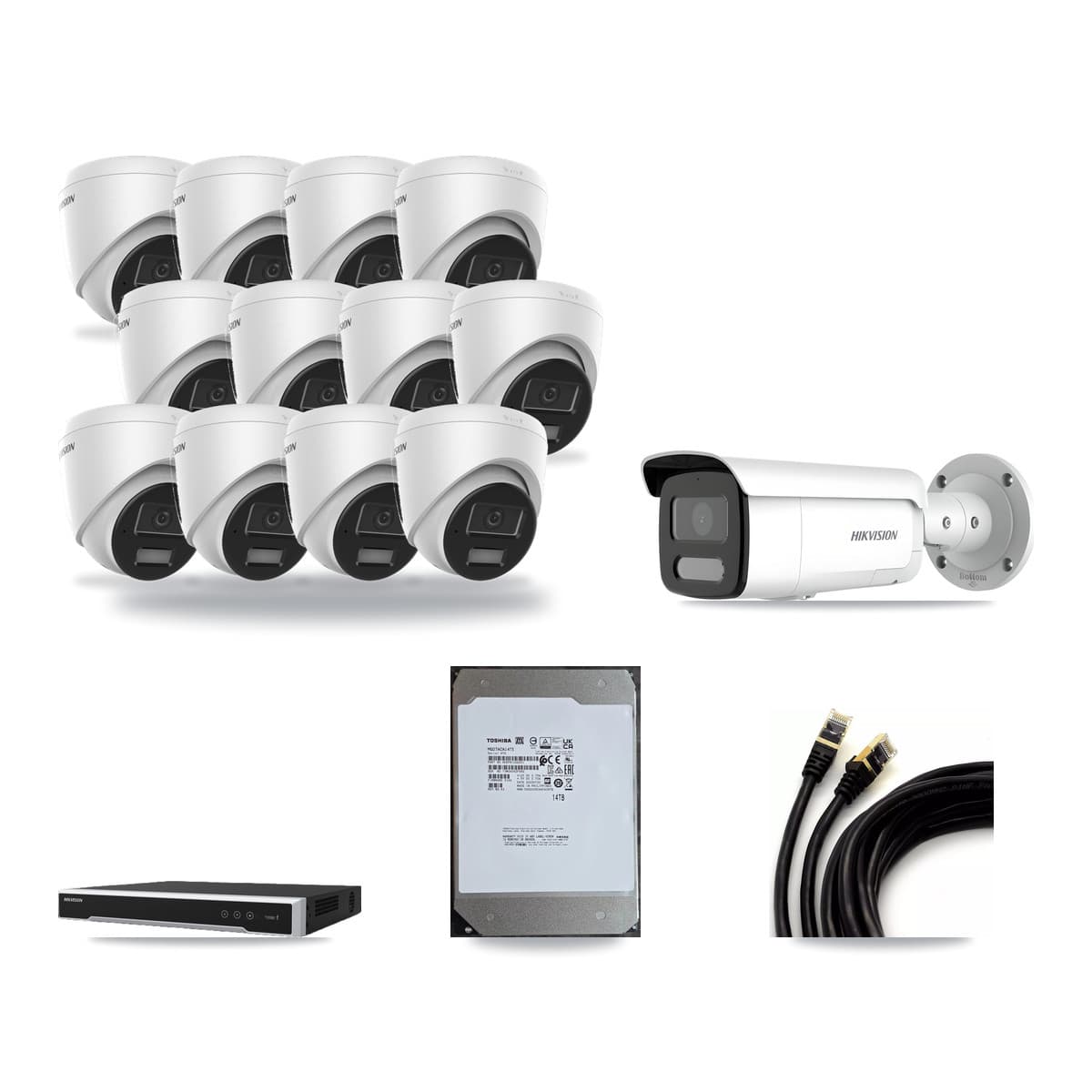 Hikvision 16-Channel 4MP CCTV Kit — 12 DS-2CD1343G2 Turret + 1 DS-2CD2T47G2H Bullet Cameras + 14TB Recording - Image 1