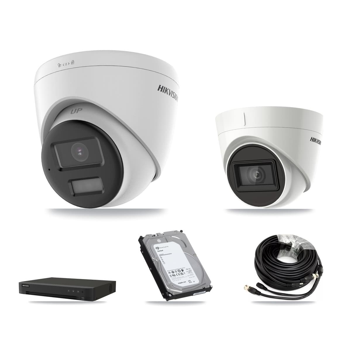 Hikvision 8-Channel 4K CCTV Kit — 2 DS-2CE78U0T-LPTS + 2 DS-2CE78U1T-IT3F Turret Cameras + 6TB Recording (IDS-7208HUHI-M1/XT Recorder)