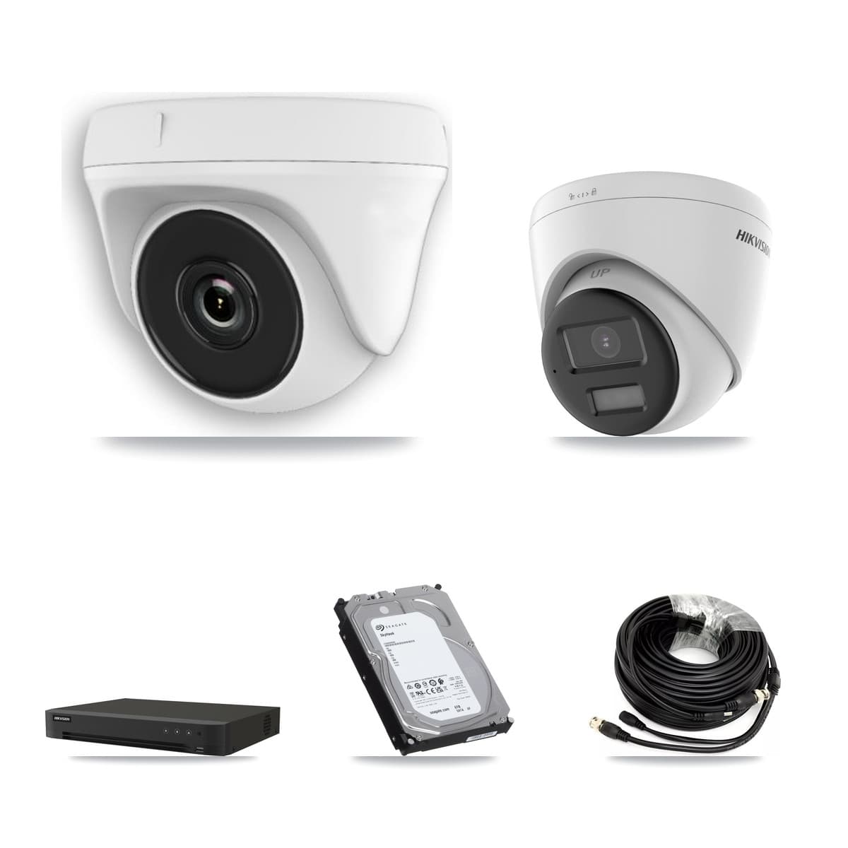 Hikvision 8-Channel 2MP – 4K CCTV Kit — 1 DS-2CE78U0T-LPTS 4K Turret + 7 White HDT-2MP-N20W-2.8MM 2MP Dome Cameras + 6TB Recording (IDS-7208HUHI-M1/XT Recorder)