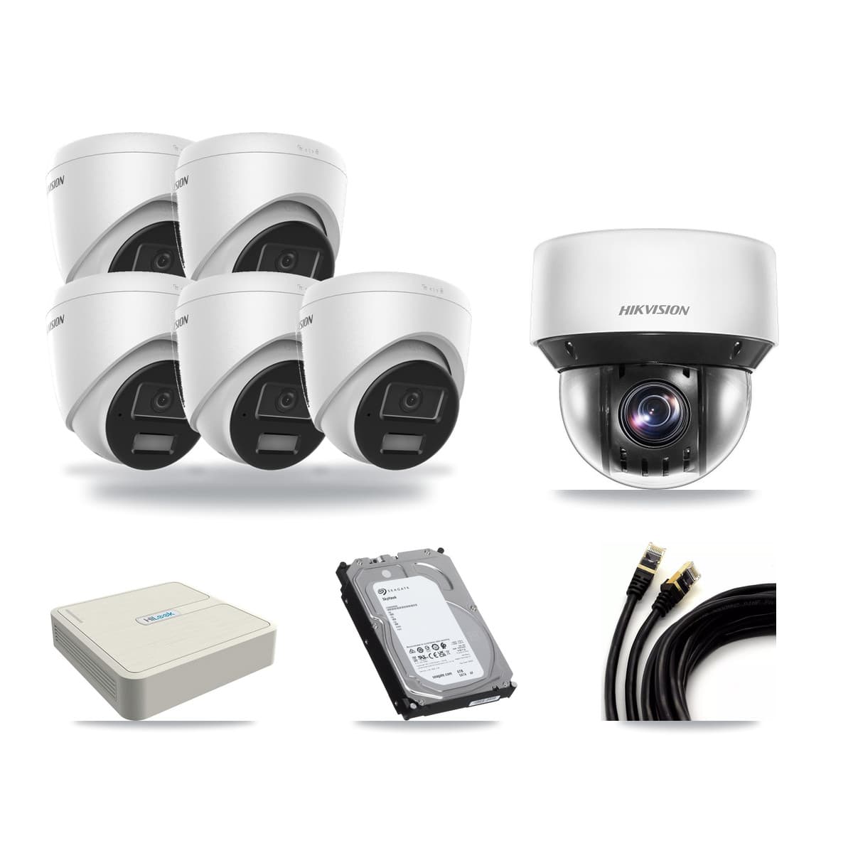 Hikvision & HiLook 8-Channel 4MP CCTV Kit — 5 DS-2CD1343G2 Turret + 1 DS-2DE4A425IW PTZ Cameras + 6TB Recording - Image 1