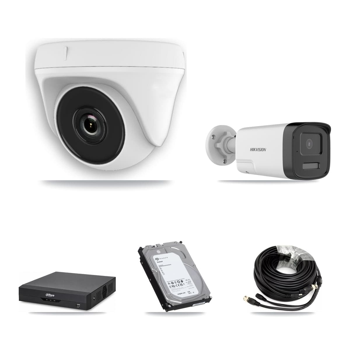 Hikvision & Dahua 4-Channel 2MP – 5MP CCTV Kit — 1 DS-2CE17K0T 5MP Bullet + 3 White HDT-2MP-N20W 2MP Dome Cameras + 6TB Recording - Image 1